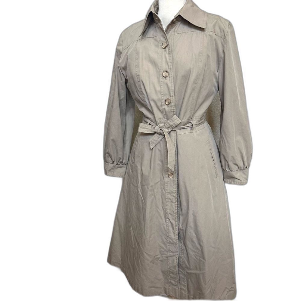 Vtg Suzette Fashions Classic Neutral Belted Trench Coat Pleated - Women 13/14